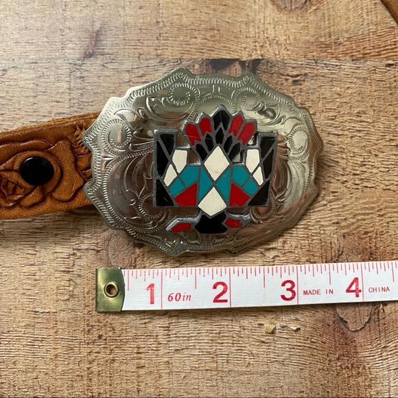 VINTAGE Native American Navajo Bird Nickel Silver Buckle Rose Carved Lether Belt - Picture 6 of 7